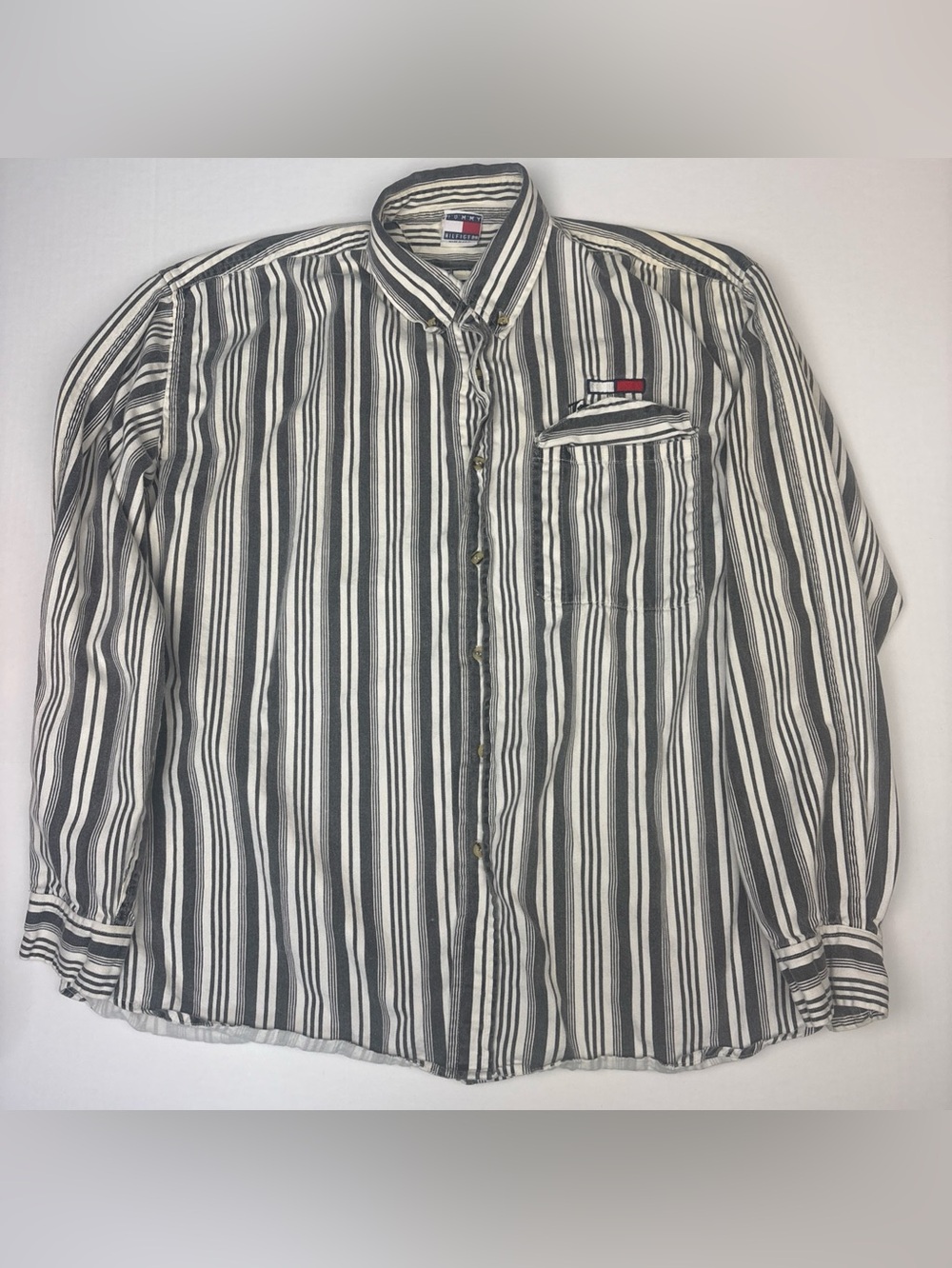 Vintage Tommy Hilfiger Men XL Shirt Dark Gray White Stripe Embroidered Logo Flaw